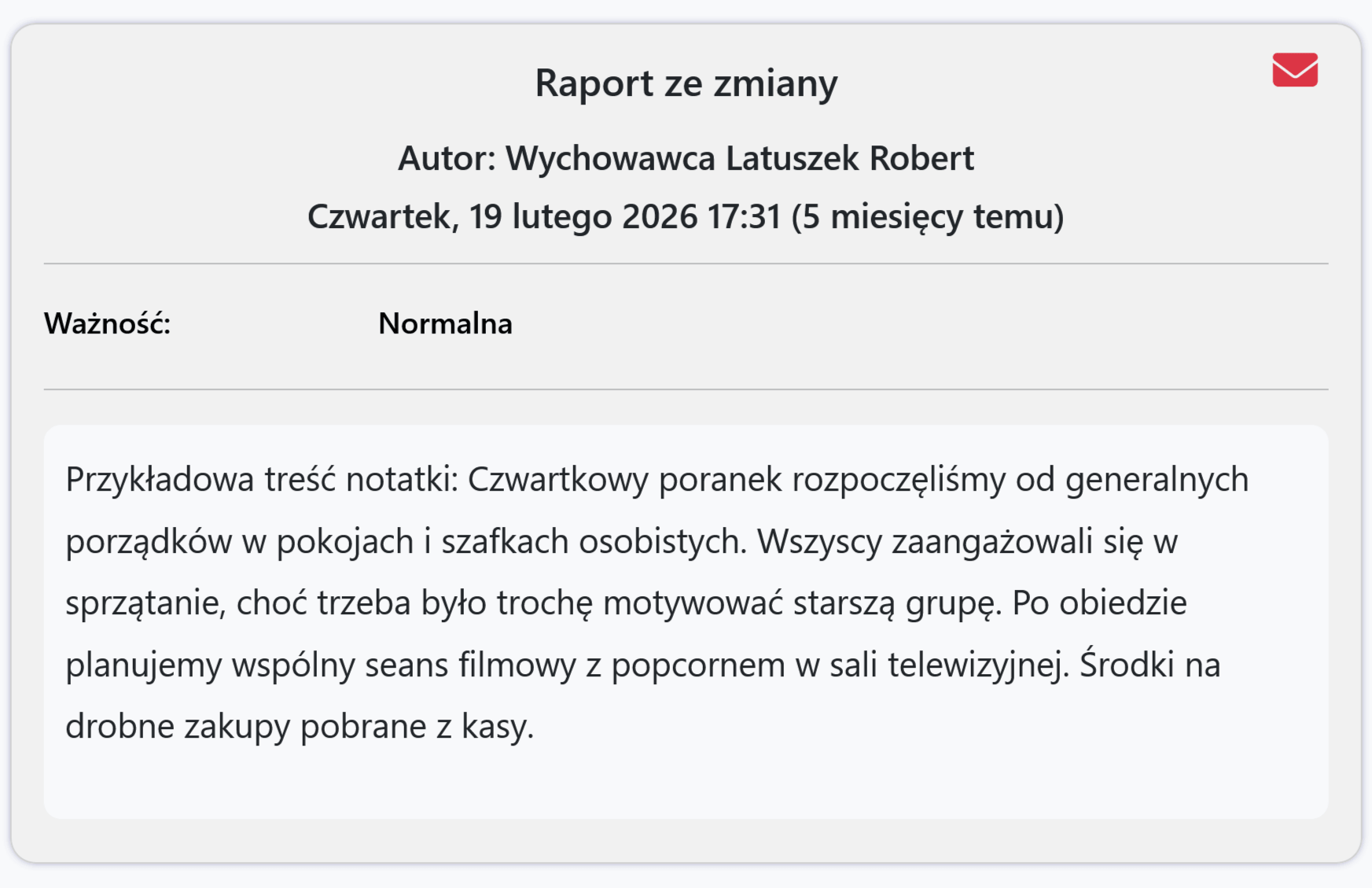 Notatka w widoku mobilnym aplikacji